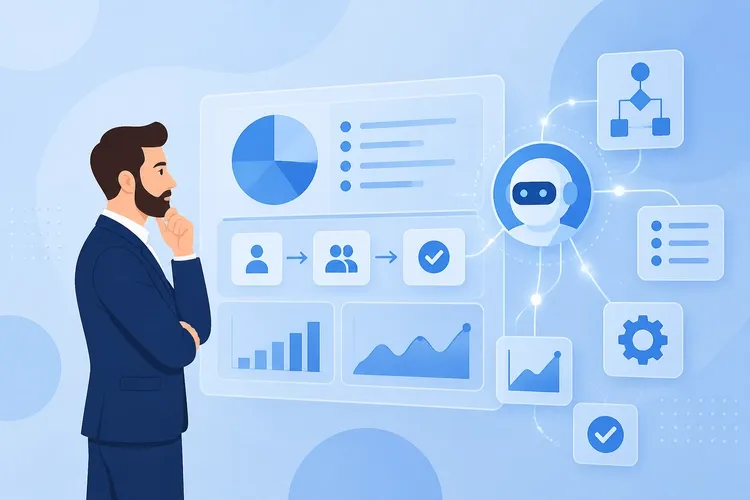 IT project manager balancing artificial intelligence automation and strategic human decision making in a modern workspace