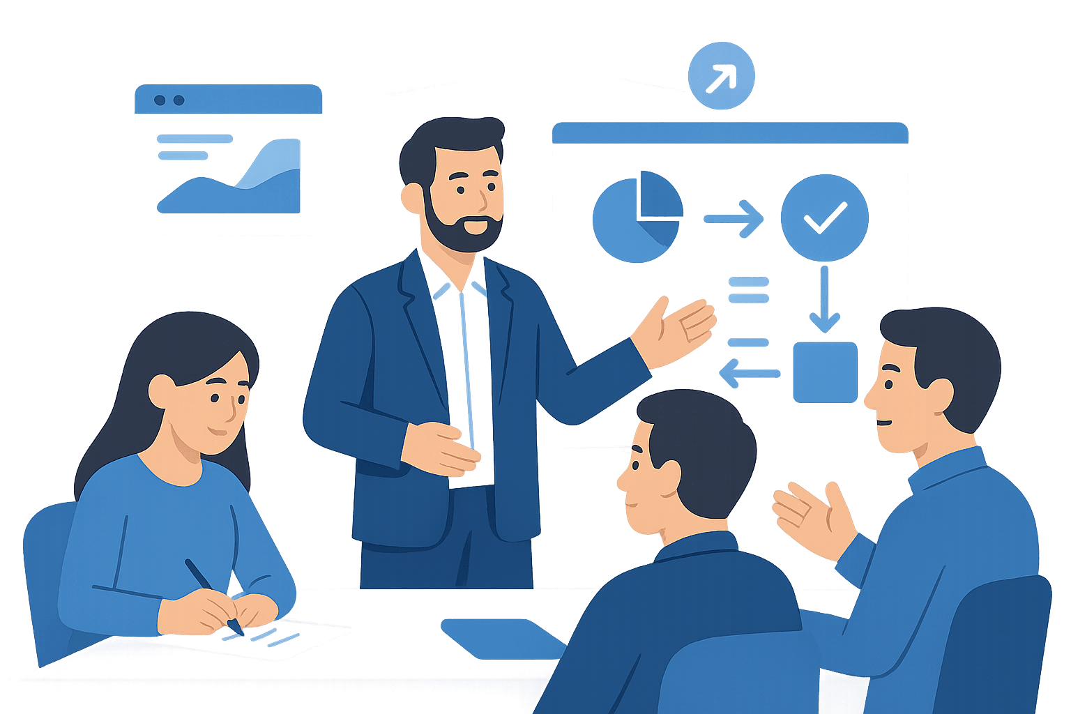 Team presenting a business case in a modern office setting