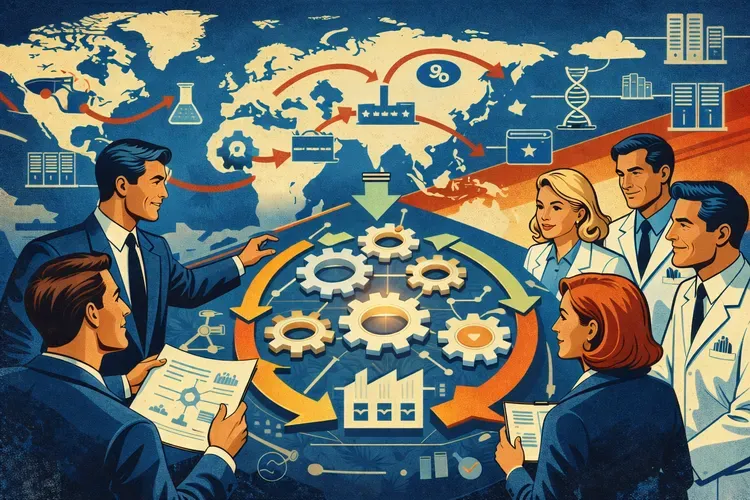 Value Chain analysis in IT consulting project: business process optimization, supply chain digital transformation, cost reduction strategy and enterprise performance improvement, retro 1950s corporate poster style illustration
