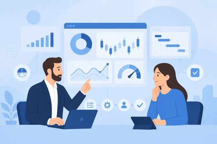 IT project manager analyzing performance metrics and indicators using Earned Value Management on a digital dashboard.