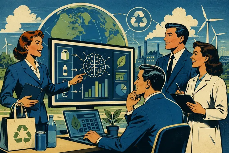 Professionals analyzing an AI-powered environmental compliance platform and eco-fee calculator. The scene features sustainability analytics, recycling workflows, environmental data visualization, renewable energy infrastructure, and industrial operations in a retro 1950s corporate poster style.