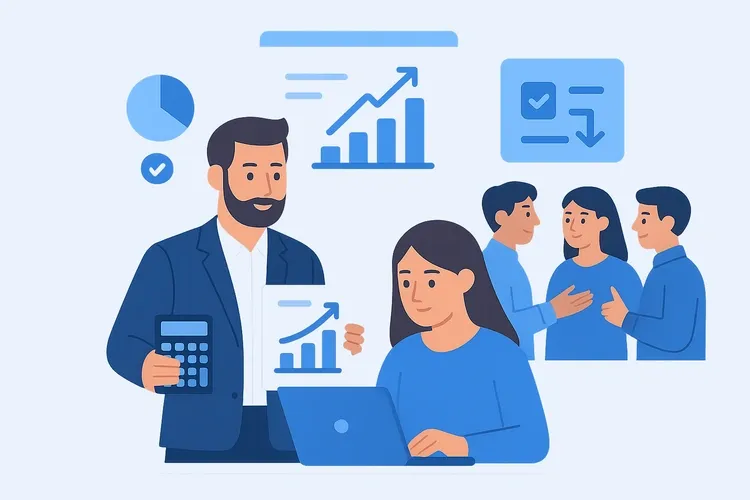 Project manager analyzing financial models with charts and graphs