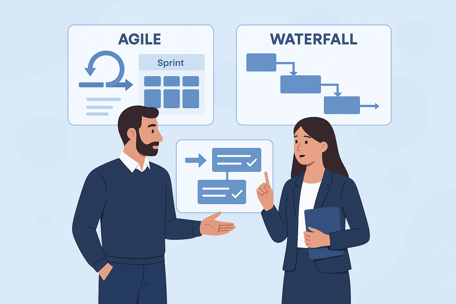 Hybrid project management illustration combining Agile and Waterfall