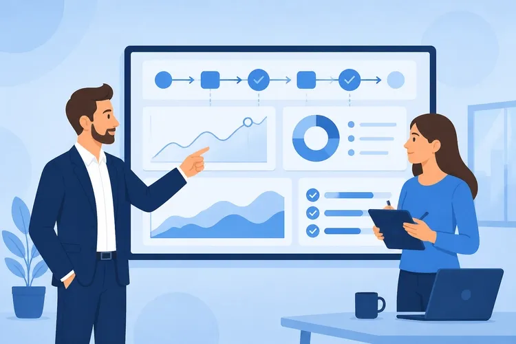 IT consultants analyzing vendor performance metrics and service level agreements on a digital screen