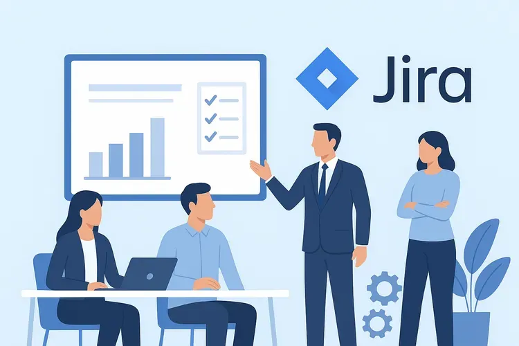 Office teamwork illustration: a manager presents charts and a checklist on a screen while colleagues sit and stand nearby. The Jira logo appears on the right. The image represents workflow automation and task management within the system.