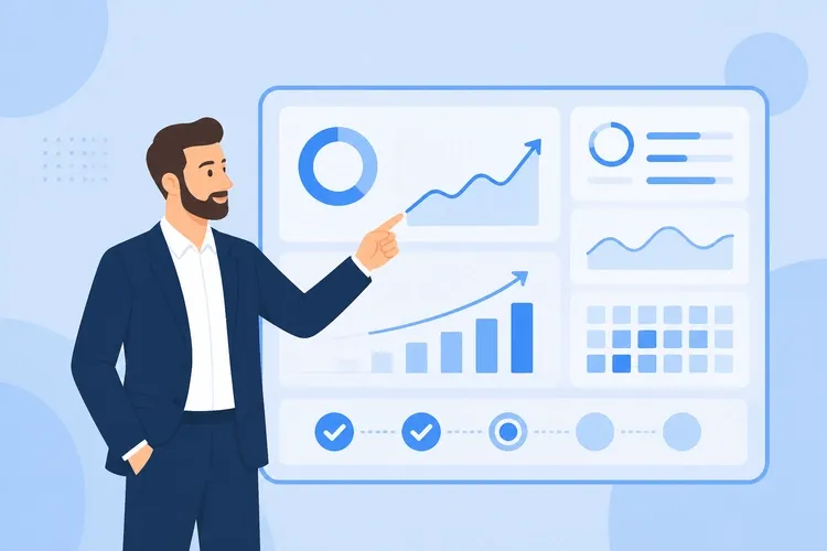 IT leader analyzing project performance metrics on a Jira dashboard illustration