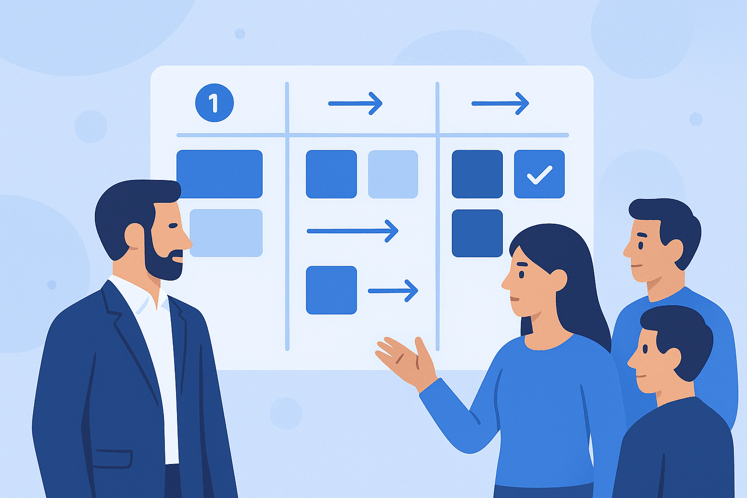 Kanban board illustration with team members managing tasks