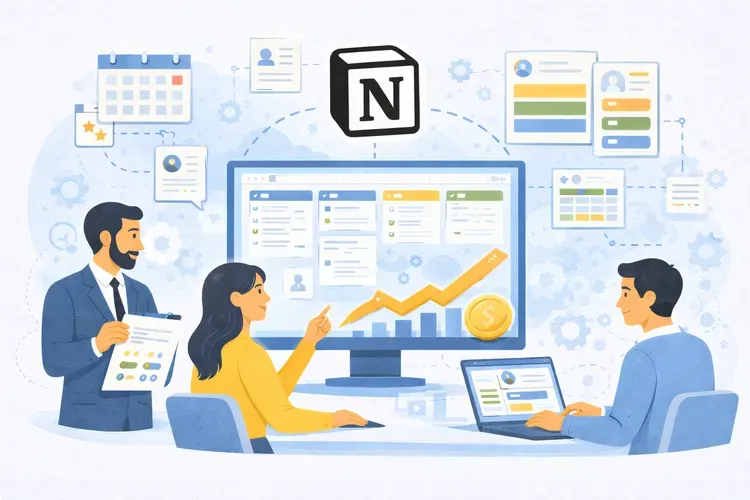 Flat-style illustration of project managers building a management system in Notion, with a dashboard showing Kanban boards, tasks, metrics, and documentation, surrounded by planning and workflow automation elements.