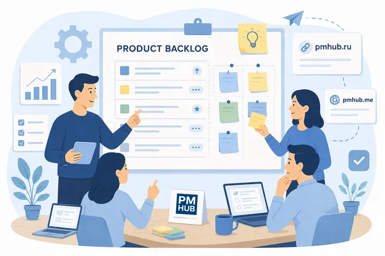 Illustration of product backlog management with team members analyzing tasks.