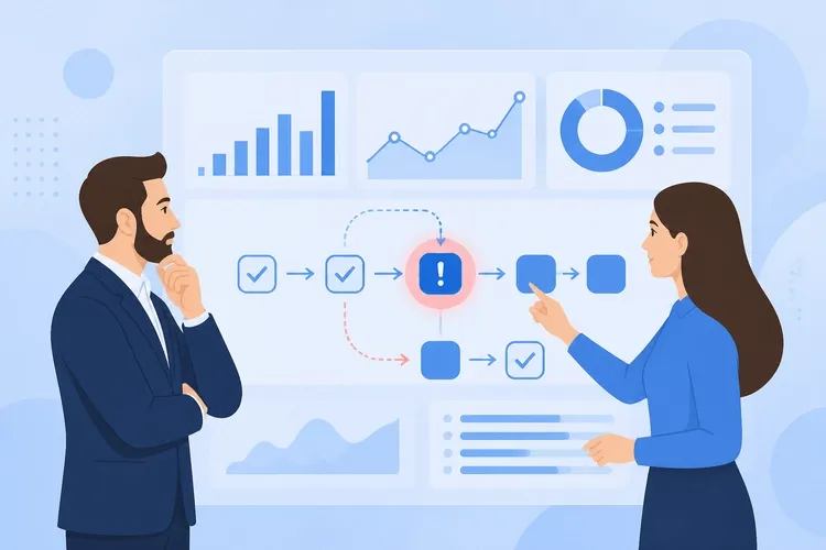 IT consultants analyzing project audit dashboard with performance metrics and workflow bottlenecks
