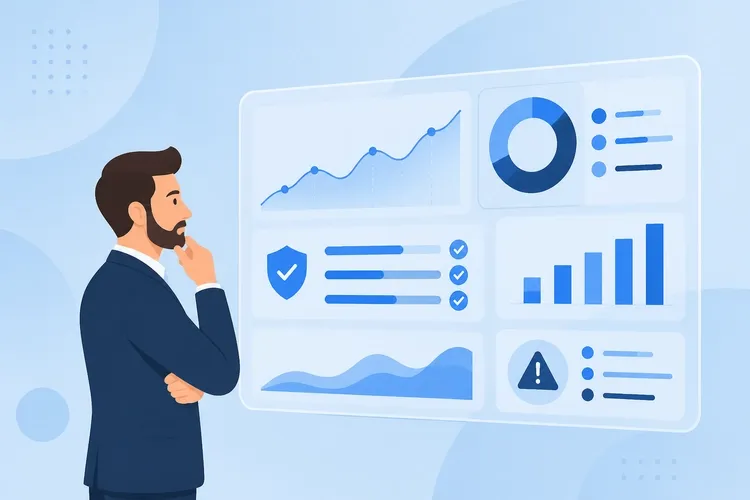 IT consultants analyzing project health metrics on a digital dashboard during a software audit.