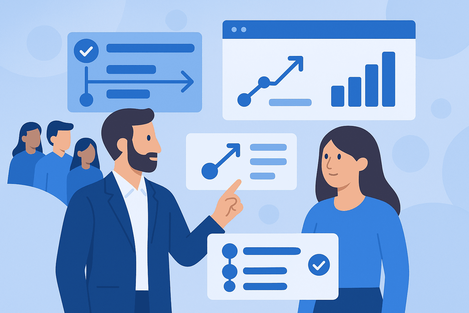 Illustration of a project roadmap with diverse characters in a corporate setting
