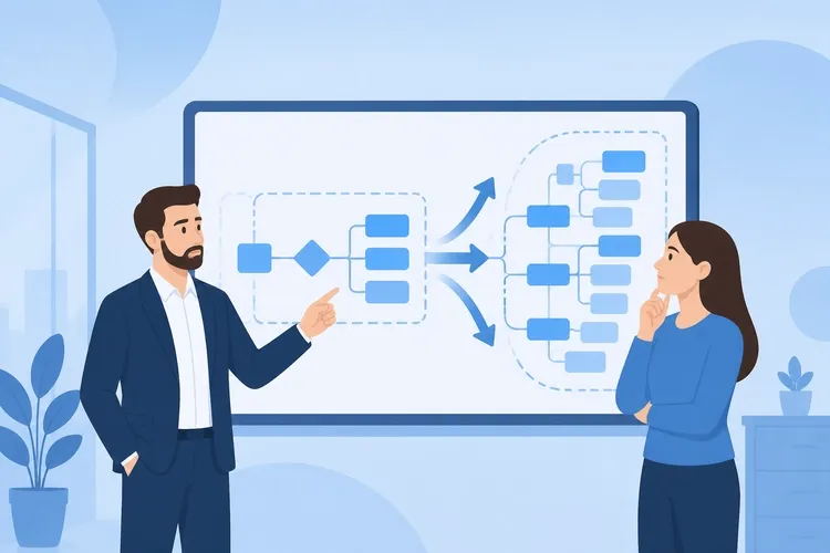IT project manager and consultant analyzing expanding requirements and scope creep on a digital workflow board in a modern office