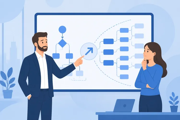 IT project manager and consultant analyzing expanding requirements and scope creep on a digital workflow board in a modern office