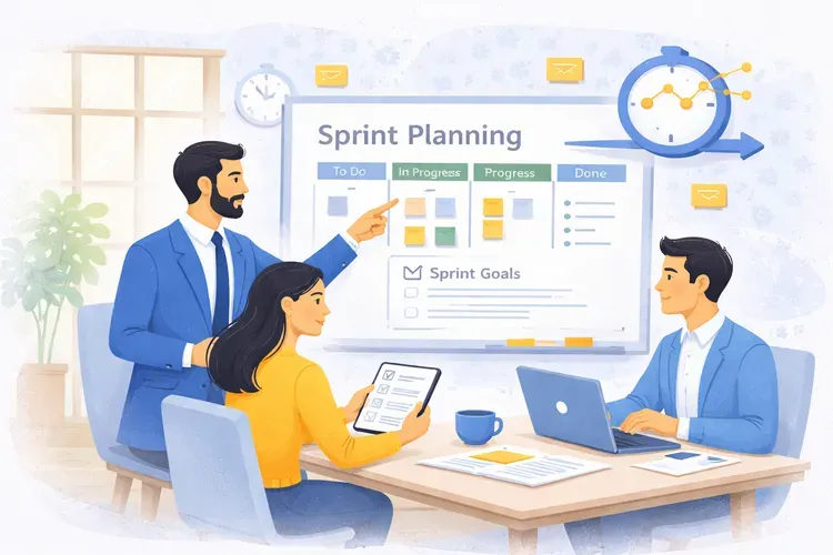 A team of three professionals conducts a sprint planning session, with a manager pointing at a Kanban board showing tasks and progress while team members review sprint goals using a laptop and tablet.