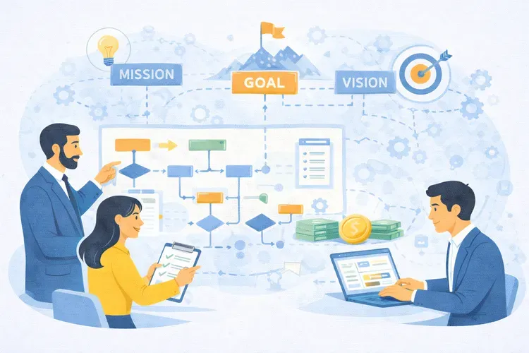 PMBOK 8 value delivery system: project managers aligning company mission, goals, and vision with project initiatives through structured workflows and strategic value creation.